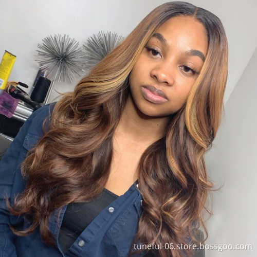 13x4 Pre Plucked Straight Brown and Blonde Highlight Human Hair Wig Blonde Highlighted Wigs Blonde Highlight Wig Lace Front